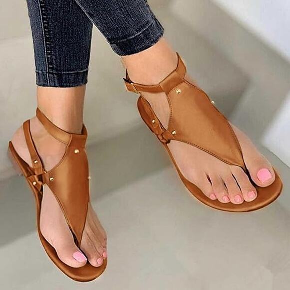 Thong Sandals Open Toe Shoes Flat Ankle Buckle Brown Size 10US / 42CN - Picture 1 of 9